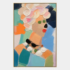 Abstract Expressionist portraiture & figure oil painting showing a stylized portrait with warm coral and orange accents in a orange palette, contemporary wall art.