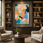 Abstract Expressionist portraiture & figure oil painting showing a stylized portrait with warm coral and orange accents in a orange palette, contemporary wall art.