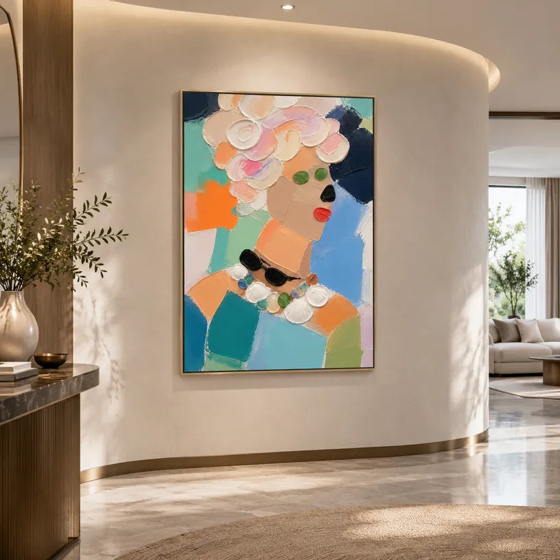 Abstract Expressionist portraiture & figure oil painting showing a stylized portrait with warm coral and orange accents in a orange palette, contemporary wall art.