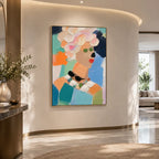 Abstract Expressionist portraiture & figure oil painting showing a stylized portrait with warm coral and orange accents in a orange palette, contemporary wall art.