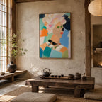Abstract Expressionist portraiture & figure oil painting showing a stylized portrait with warm coral and orange accents in a orange palette, contemporary wall art.