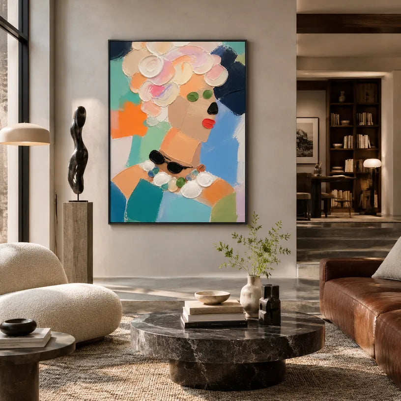 Abstract Expressionist portraiture & figure oil painting showing a stylized portrait with warm coral and orange accents in a orange palette, contemporary wall art.