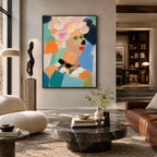 Abstract Expressionist portraiture & figure oil painting showing a stylized portrait with warm coral and orange accents in a orange palette, contemporary wall art.