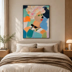 Abstract Expressionist portraiture & figure oil painting showing a stylized portrait with warm coral and orange accents in a orange palette, contemporary wall art.