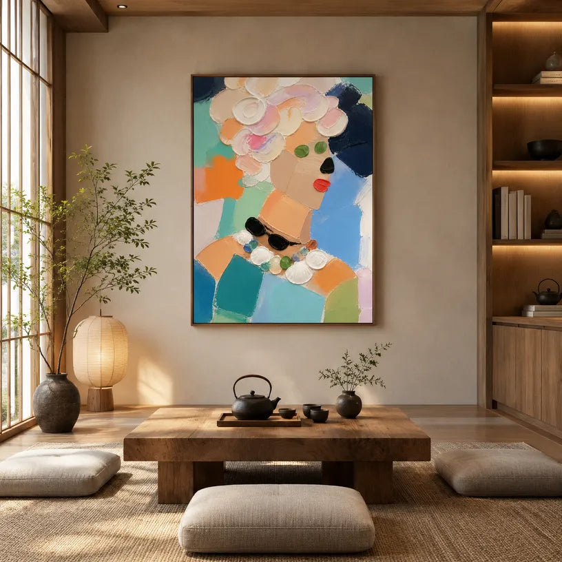 Abstract Expressionist portraiture & figure oil painting showing a stylized portrait with warm coral and orange accents in a orange palette, contemporary wall art.