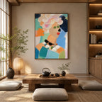 Abstract Expressionist portraiture & figure oil painting showing a stylized portrait with warm coral and orange accents in a orange palette, contemporary wall art.