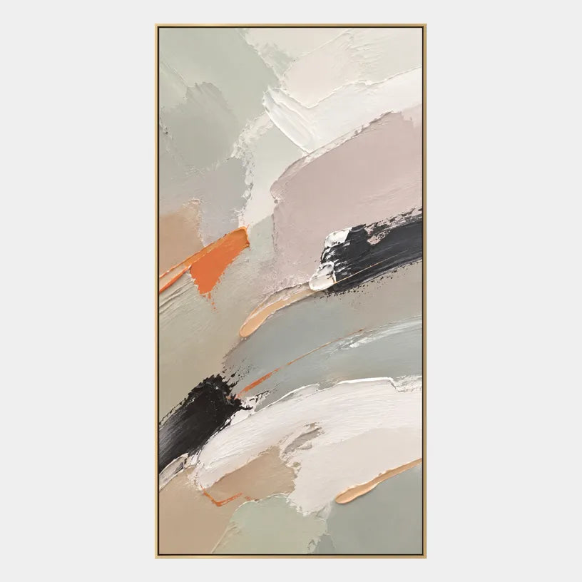 Abstract Expressionist abstract oil painting showing pale grey, white and orange layered brushwork in a grey palette, contemporary wall art.