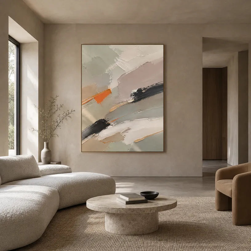 Abstract Expressionist abstract oil painting showing pale grey, white and orange layered brushwork in a grey palette, contemporary wall art.