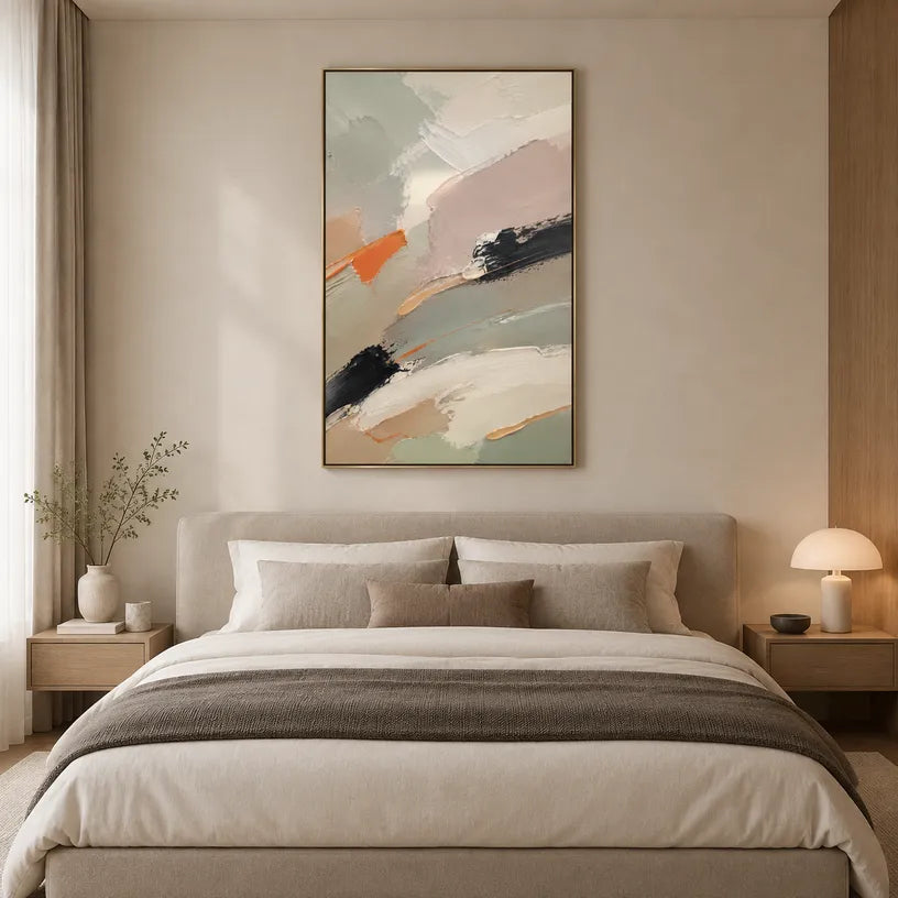Abstract Expressionist abstract oil painting showing pale grey, white and orange layered brushwork in a grey palette, contemporary wall art.