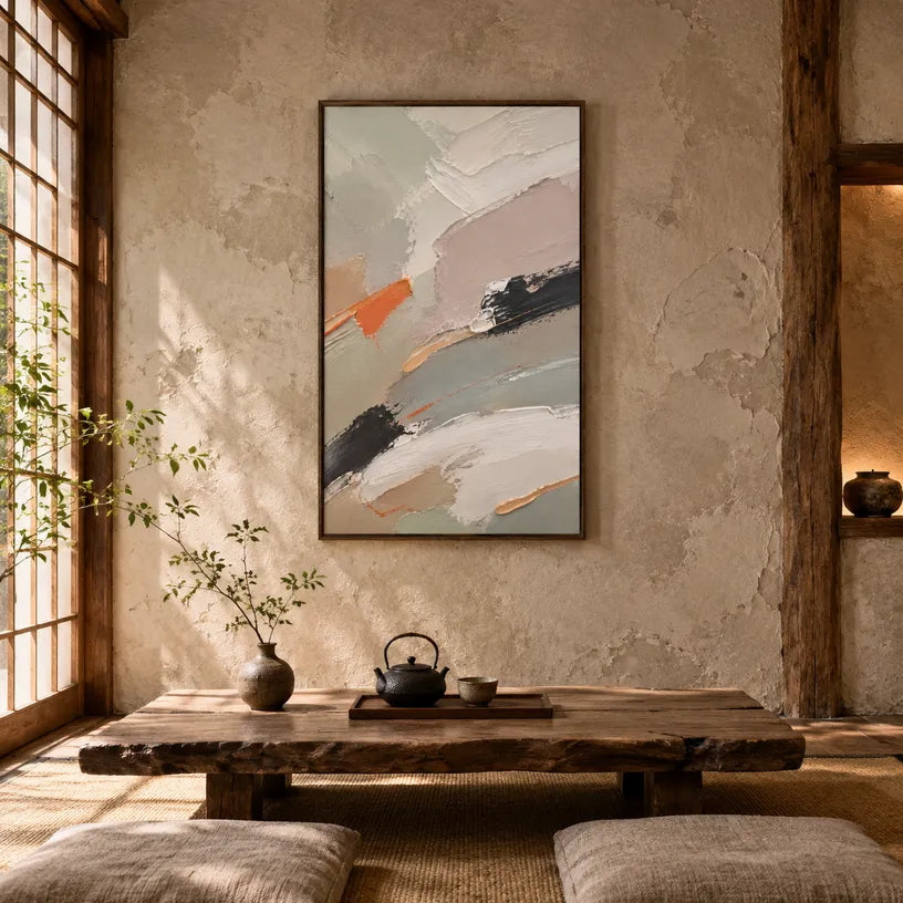 Abstract Expressionist abstract oil painting showing pale grey, white and orange layered brushwork in a grey palette, contemporary wall art.