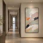 Abstract Expressionist abstract oil painting showing pale grey, white and orange layered brushwork in a grey palette, contemporary wall art.