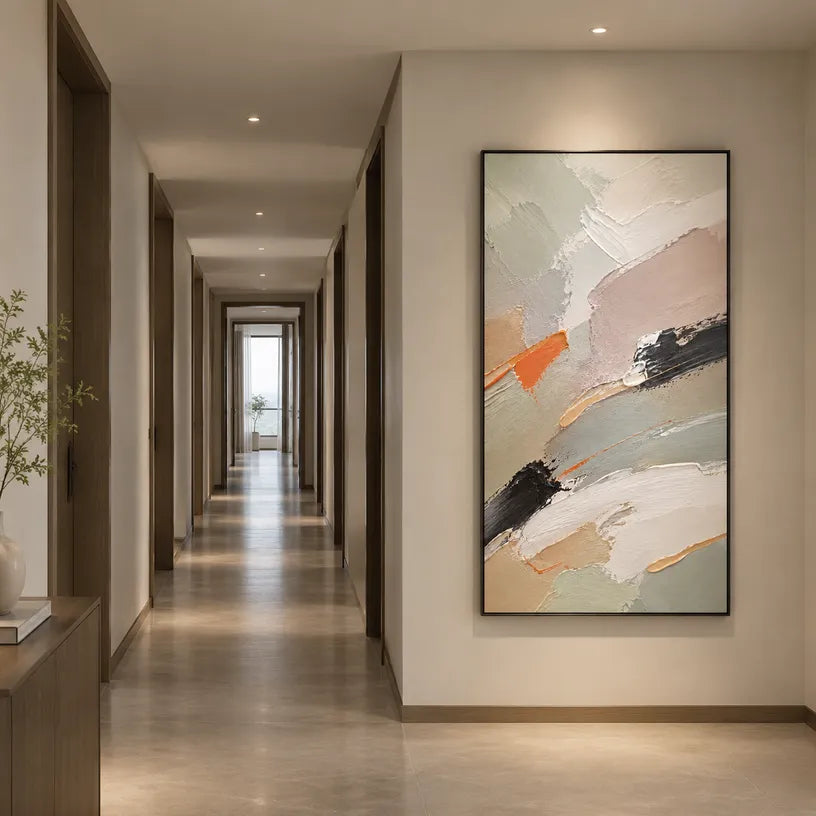 Abstract Expressionist abstract oil painting showing pale grey, white and orange layered brushwork in a grey palette, contemporary wall art.