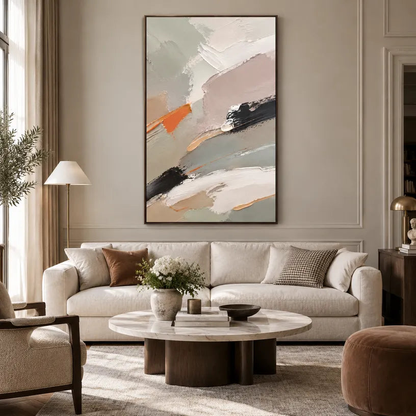 Abstract Expressionist abstract oil painting showing pale grey, white and orange layered brushwork in a grey palette, contemporary wall art.