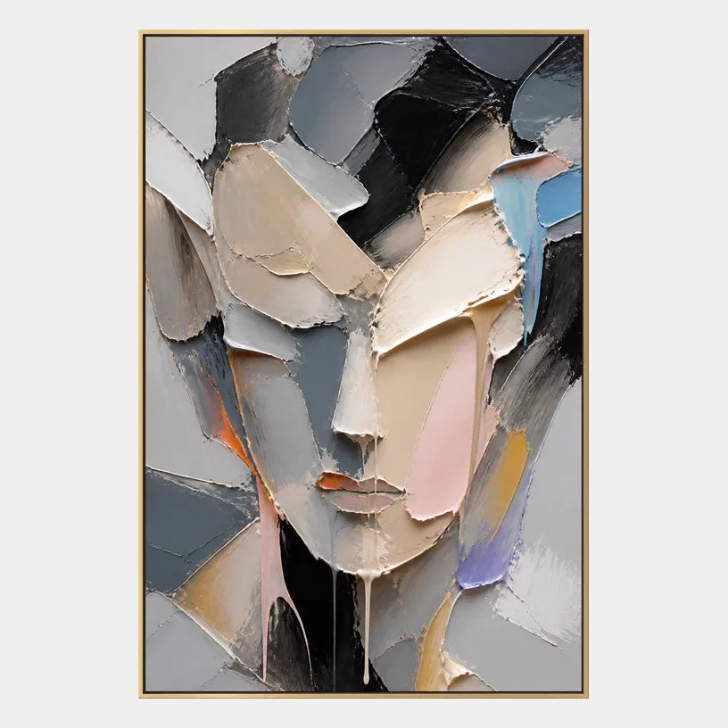 Abstract Expressionist portraiture & figure oil painting showing a faceted portrait in grey, beige and blush tones in a grey palette, contemporary wall art.