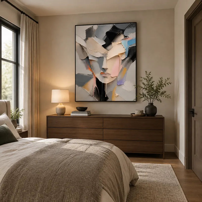 Abstract Expressionist portraiture & figure oil painting showing a faceted portrait in grey, beige and blush tones in a grey palette, contemporary wall art.