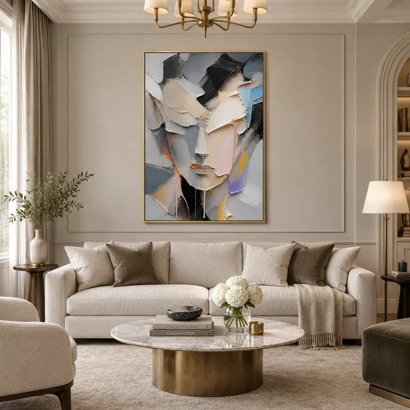 Abstract Expressionist portraiture & figure oil painting showing a faceted portrait in grey, beige and blush tones in a grey palette, contemporary wall art.