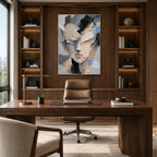Abstract Expressionist portraiture & figure oil painting showing a faceted portrait in grey, beige and blush tones in a grey palette, contemporary wall art.