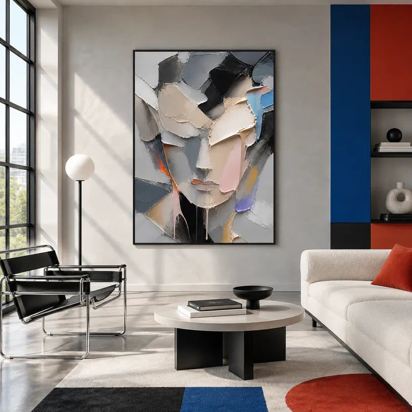 Abstract Expressionist portraiture & figure oil painting showing a faceted portrait in grey, beige and blush tones in a grey palette, contemporary wall art.