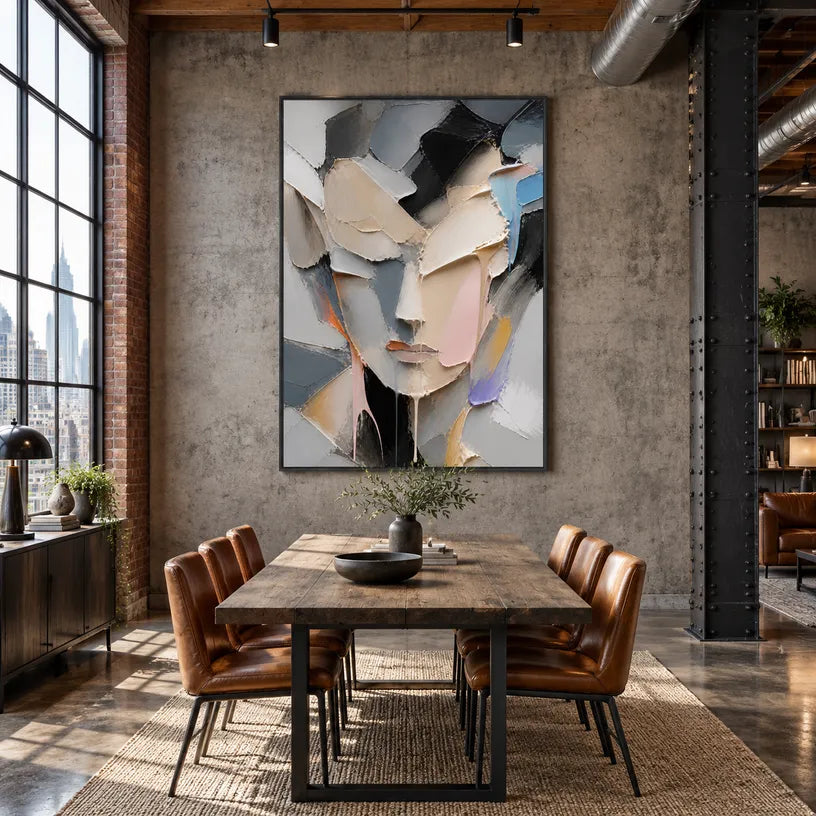 Abstract Expressionist portraiture & figure oil painting showing a faceted portrait in grey, beige and blush tones in a grey palette, contemporary wall art.