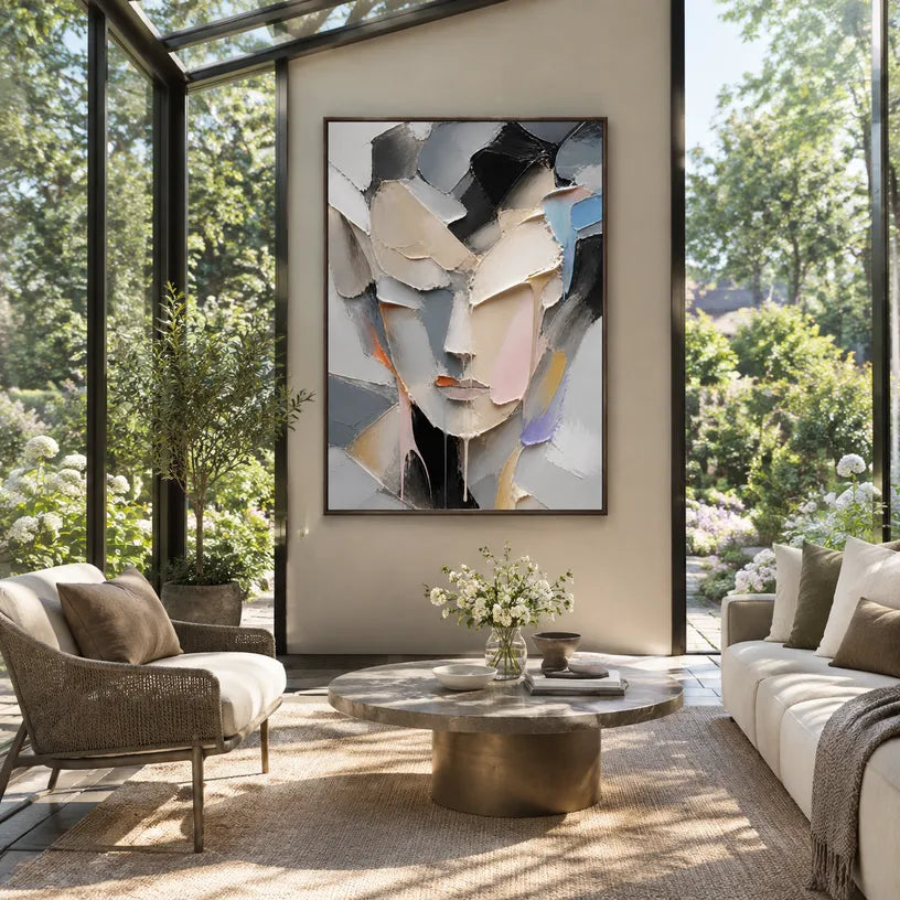 Abstract Expressionist portraiture & figure oil painting showing a faceted portrait in grey, beige and blush tones in a grey palette, contemporary wall art.