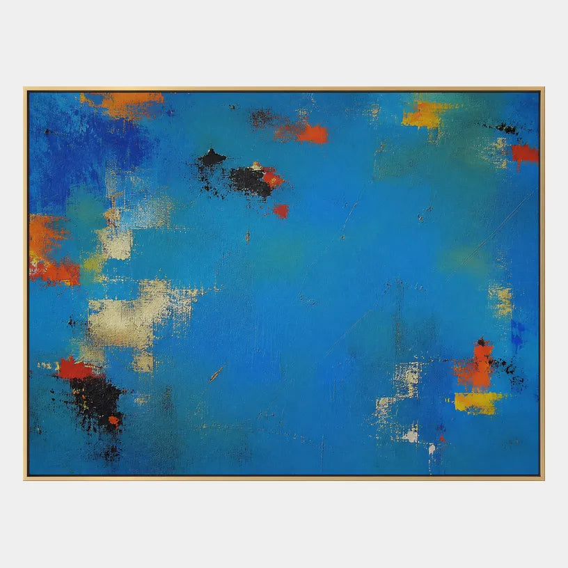Abstract Expressionist abstract oil painting showing layered abstract marks, texture and expressive painterly movement in a blue palette.