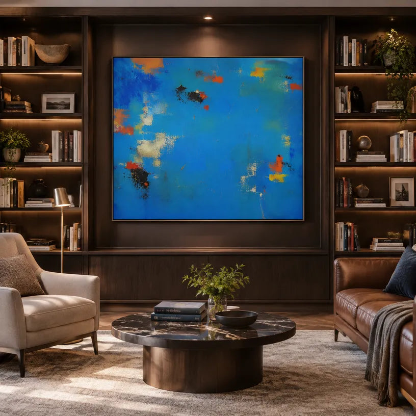 Abstract Expressionist abstract oil painting showing layered abstract marks, texture and expressive painterly movement in a blue palette.