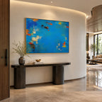 Abstract Expressionist abstract oil painting showing layered abstract marks, texture and expressive painterly movement in a blue palette.