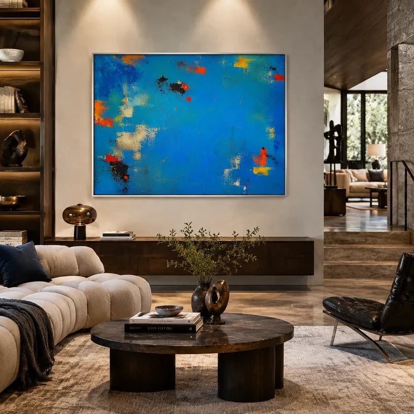 Abstract Expressionist abstract oil painting showing layered abstract marks, texture and expressive painterly movement in a blue palette.