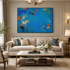 Abstract Expressionist abstract oil painting showing layered abstract marks, texture and expressive painterly movement in a blue palette.