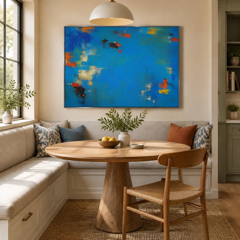 Abstract Expressionist abstract oil painting showing layered abstract marks, texture and expressive painterly movement in a blue palette.