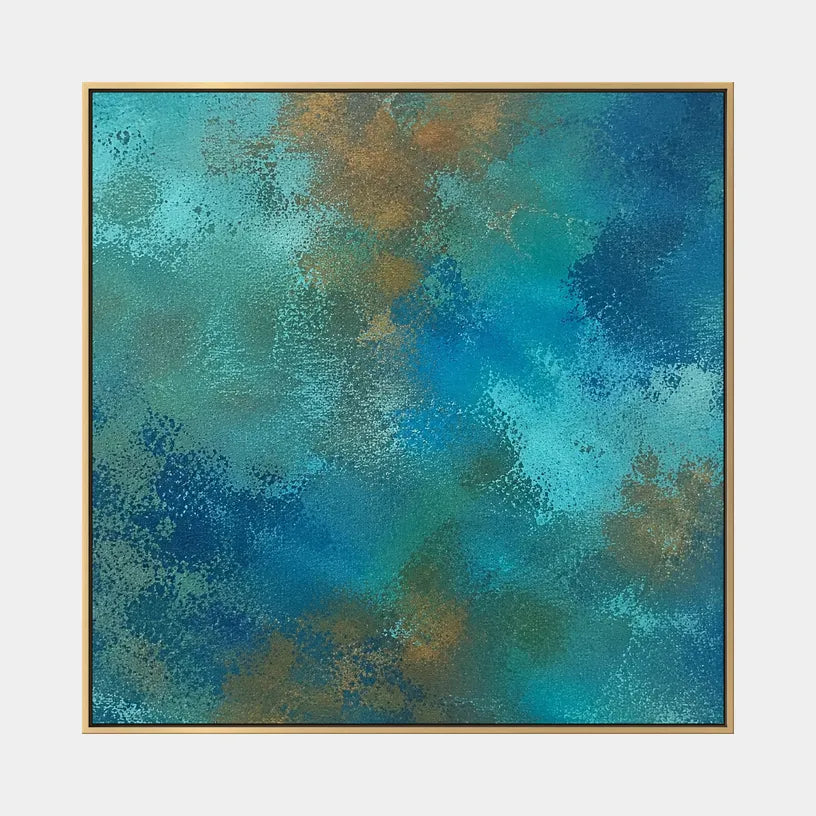 Abstract Expressionist abstract oil painting showing layered abstract marks, texture and expressive painterly movement in a blue palette.