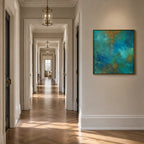 Abstract Expressionist abstract oil painting showing layered abstract marks, texture and expressive painterly movement in a blue palette.
