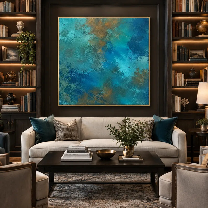 Abstract Expressionist abstract oil painting showing layered abstract marks, texture and expressive painterly movement in a blue palette.