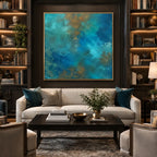 Abstract Expressionist abstract oil painting showing layered abstract marks, texture and expressive painterly movement in a blue palette.