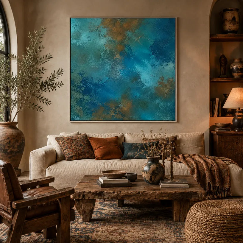 Abstract Expressionist abstract oil painting showing layered abstract marks, texture and expressive painterly movement in a blue palette.