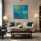 Abstract Expressionist abstract oil painting showing layered abstract marks, texture and expressive painterly movement in a blue palette.