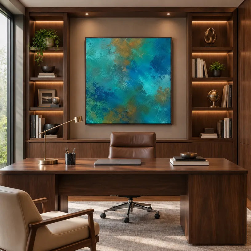 Abstract Expressionist abstract oil painting showing layered abstract marks, texture and expressive painterly movement in a blue palette.