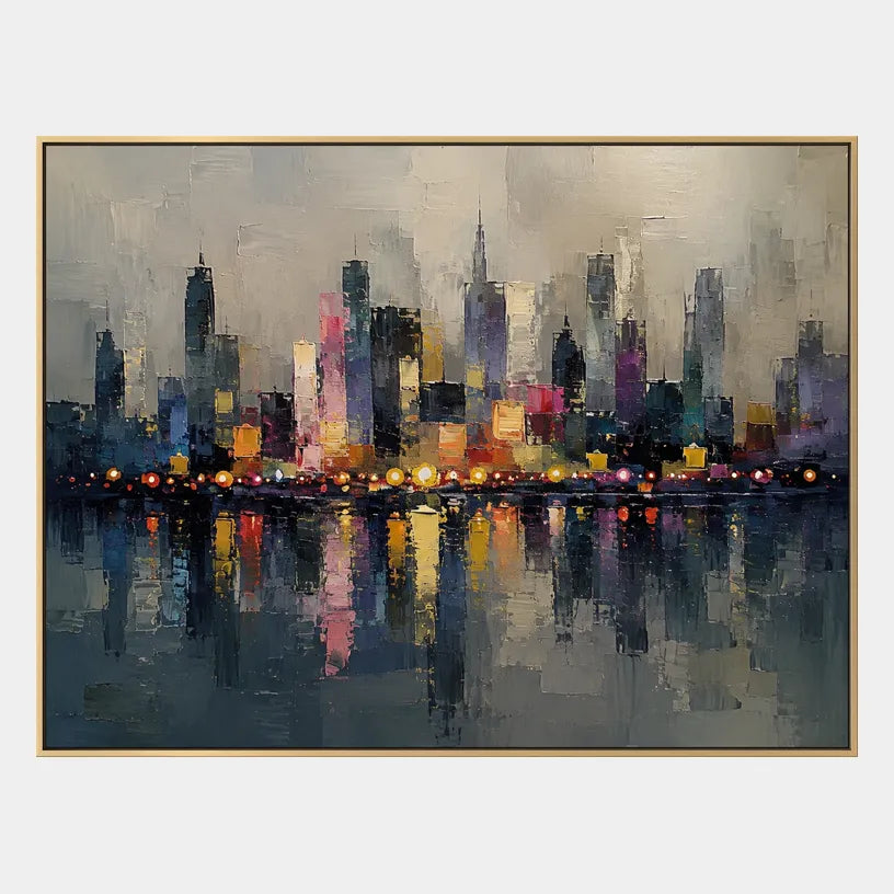 Abstract Expressionist landscapes & seascapes & cityscapes oil painting showing a stylized city skyline with reflective water and atmospheric light.