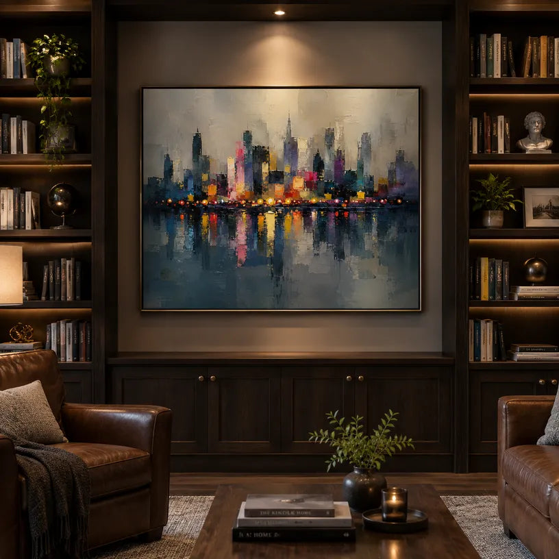 Abstract Expressionist landscapes & seascapes & cityscapes oil painting showing a stylized city skyline with reflective water and atmospheric light.