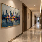 Abstract Expressionist landscapes & seascapes & cityscapes oil painting showing a stylized city skyline with reflective water and atmospheric light.