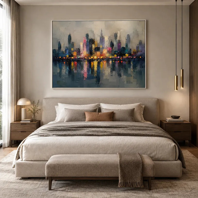 Abstract Expressionist landscapes & seascapes & cityscapes oil painting showing a stylized city skyline with reflective water and atmospheric light.