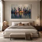 Abstract Expressionist landscapes & seascapes & cityscapes oil painting showing a stylized city skyline with reflective water and atmospheric light.
