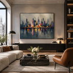 Abstract Expressionist landscapes & seascapes & cityscapes oil painting showing a stylized city skyline with reflective water and atmospheric light.