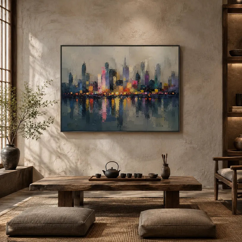Abstract Expressionist landscapes & seascapes & cityscapes oil painting showing a stylized city skyline with reflective water and atmospheric light.