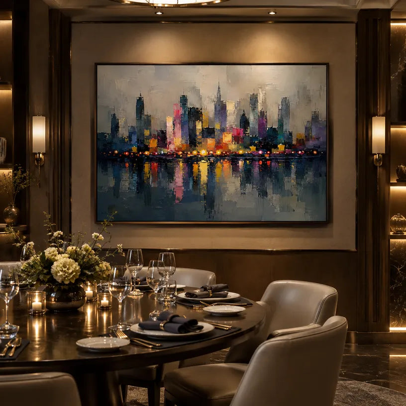 Abstract Expressionist landscapes & seascapes & cityscapes oil painting showing a stylized city skyline with reflective water and atmospheric light.