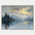 Abstract Expressionist landscapes & seascapes & cityscapes oil painting showing a blue mountain landscape mirrored in still water in a blue palette, contemporary wall art.