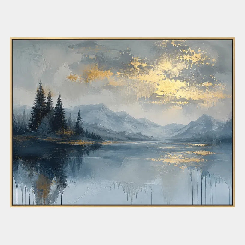 Abstract Expressionist landscapes & seascapes & cityscapes oil painting showing a blue mountain landscape mirrored in still water in a blue palette, contemporary wall art.