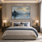 Abstract Expressionist landscapes & seascapes & cityscapes oil painting showing a blue mountain landscape mirrored in still water in a blue palette, contemporary wall art.