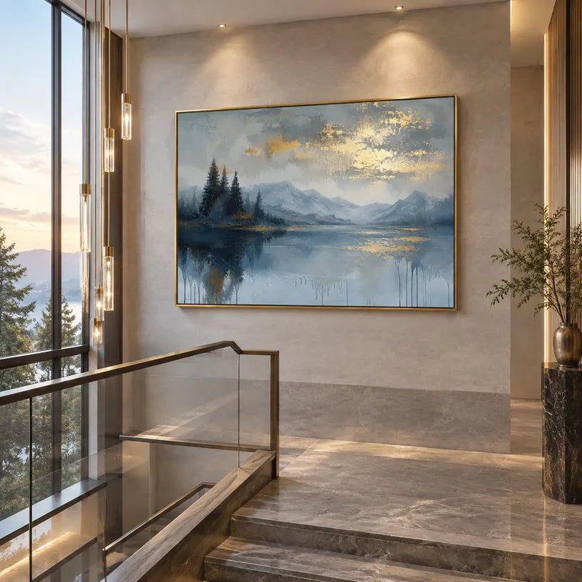 Abstract Expressionist landscapes & seascapes & cityscapes oil painting showing a blue mountain landscape mirrored in still water in a blue palette, contemporary wall art.