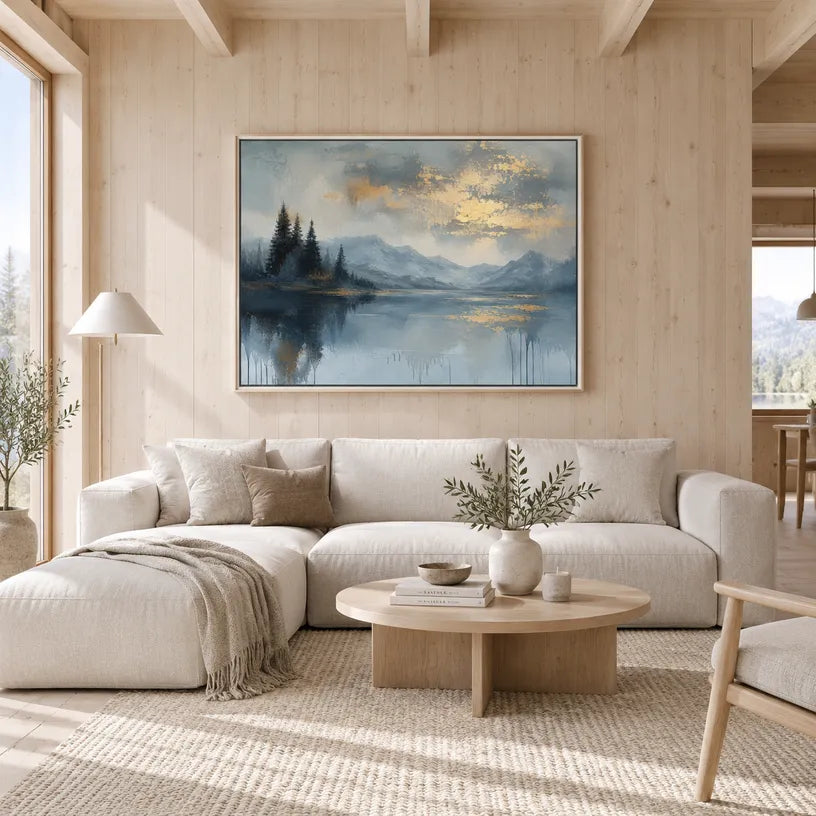 Abstract Expressionist landscapes & seascapes & cityscapes oil painting showing a blue mountain landscape mirrored in still water in a blue palette, contemporary wall art.